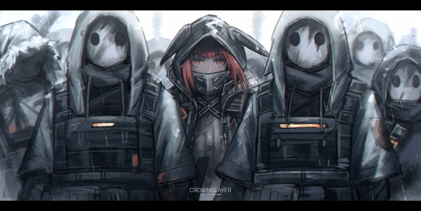 1girl 6+others absurdres ambiguous_gender animal_ears arknights artist_name body_armor character_name commentary crownslayer_(arknights) english_commentary franlol fur-trimmed_hood fur_trim highres hood hood_up jacket layered_clothing letterboxed mask multiple_others red_eyes red_hair reunion_soldier_(arknights) short_hair short_sleeves upper_body