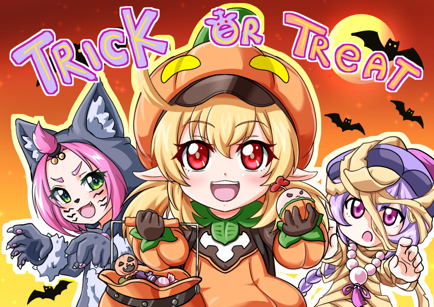 3girls :d :o absurdres adapted_costume ahoge alternate_costume atawatsho bandages bangs bangs_pinned_back basket bat bead_necklace beads blonde_hair braid braided_ponytail cabbie_hat candy claw_pose coat commentary cookie diona_(genshin_impact) english_commentary english_text eyebrows_visible_through_hair fake_whiskers fang food genshin_impact green_eyes hair_between_eyes hair_ribbon halloween hat highres holding holding_weapon jack-o'-lantern jewelry jiangshi jumpy_dumpty klee_(genshin_impact) long_hair long_sleeves looking_at_viewer low_ponytail low_twintails multiple_girls mummy_costume necklace orange_coat orange_headwear pink_hair purple_eyes purple_hair qing_guanmao qiqi_(genshin_impact) red_eyes ribbon short_hair sidelocks single_braid smile trick_or_treat twintails weapon werewolf_costume