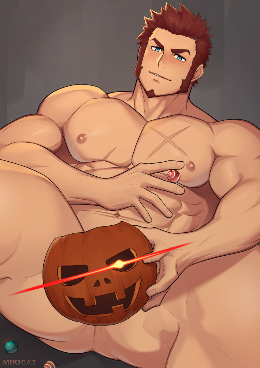 1boy abs absurdres artist_name ass bara blue_eyes blush brown_hair candy closed_mouth covering covering_crotch cross_scar facial_hair fate/grand_order fate_(series) food goatee halloween highres holding holding_candy holding_food holding_jack-o'-lantern jack-o'-lantern large_pectorals long_sideburns looking_back male_focus mikicat muscular muscular_male naked_pumpkin napoleon_bonaparte_(fate) navel nipples nude pectorals scar scar_on_chest short_hair sideburns simple_background sitting solo