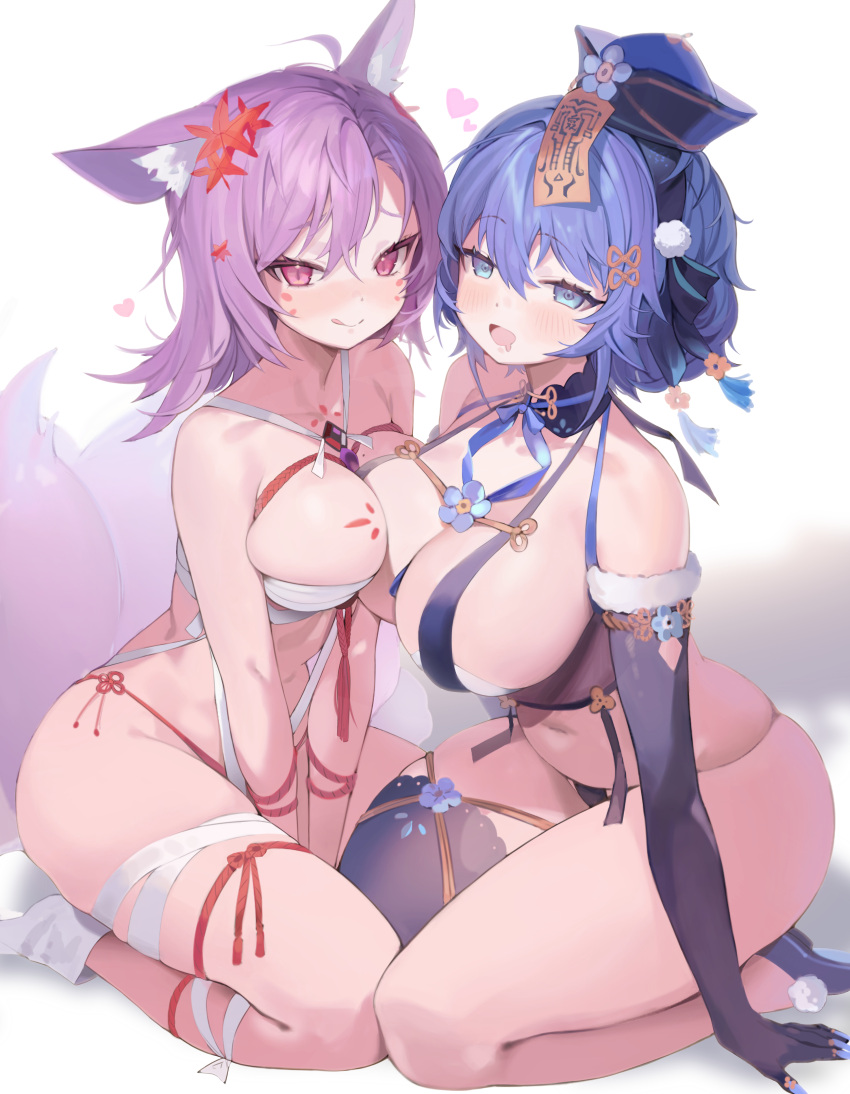 2girls absurdres animal_ears arms_between_legs asymmetrical_docking bandaged_leg bandages bangs bare_shoulders between_breasts blue_eyes blue_hair blue_panties body_markings breast_press breasts chest_jewel chinese_hat cleavage elbow_gloves eyebrows_visible_through_hair fox_ears fox_girl gloves gogoco hair_ornament highres kneeling large_breasts licking licking_lips looking_at_viewer multiple_girls naughty_face navel open_mouth original panties purple_eyes purple_hair red_panties revealing_clothes sarashi seiza single_thighhigh sitting skindentation thick_thighs thighhighs thighs tongue tongue_out underwear