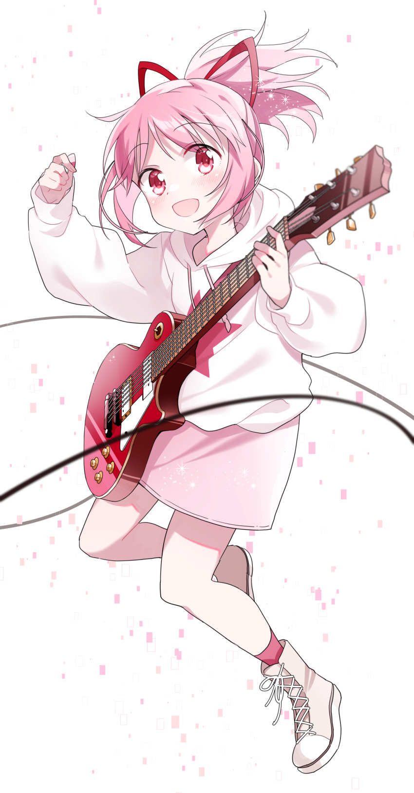 1girl absurdres alternate_costume alternate_hairstyle ayumaru_(art_of_life) beige_footwear blurry cable commentary_request depth_of_field dot_nose electric_guitar eyebrows_visible_through_hair eyes_visible_through_hair flat_chest full_body glitch guitar hair_ribbon hand_up happy highres holding holding_instrument holding_plectrum hood hood_down hoodie instrument kaname_madoka light_blush long_sleeves looking_at_viewer mahou_shoujo_madoka_magica open_mouth pink_eyes pink_hair pink_legwear pink_skirt pink_theme plectrum ponytail puffy_long_sleeves puffy_sleeves red_ribbon ribbon shiny shiny_hair shoes simple_background skirt smile sneakers socks solo sparkle tareme white_background white_hoodie