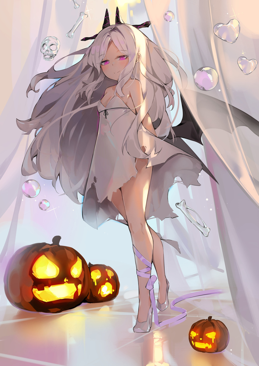 1girl bare_shoulders blue_archive bone breasts cleavage closed_mouth dema_hmw dress eyebrows_visible_through_hair halloween highres hina_(blue_archive) horns jack-o'-lantern legs long_hair looking_at_viewer pink_eyes pumpkin purple_ribbon ribbon shoes skull sleeveless sleeveless_dress small_breasts smile solo standing white_dress white_footwear white_hair