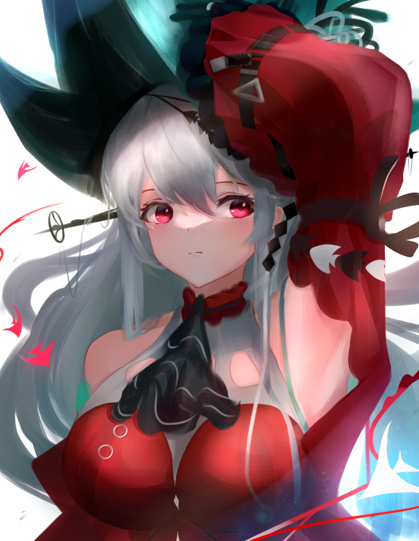 1girl adjusting_clothes adjusting_headwear aqua_gloves aqua_headwear arknights armpits ascot bare_shoulders black_ascot breasts collar commentary_request detached_collar dress gloves hat highres long_hair long_sleeves looking_away medium_breasts official_alternate_costume partial_commentary red_collar red_dress red_eyes roki@ sideways_glance silver_hair simple_background skadi_(arknights) skadi_the_corrupting_heart_(arknights) solo upper_body white_background