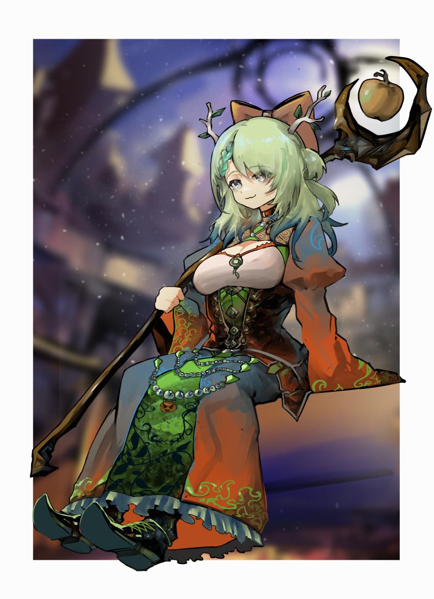 1girl :3 absurdres alternate_costume antlers apple arm_support beads blurry border breasts castle ceres_fauna choker cleavage cleavage_cutout clothing_cutout corset depth_of_field food fruit green_hair hair_between_eyes halloween halloween_costume highres holding holding_staff hololive hololive_english long_hair long_skirt mage_staff medium_breasts night night_sky outdoors red_choker red_robe sitting skirt sky solo staff virtual_youtuber vyragami white_border wizard