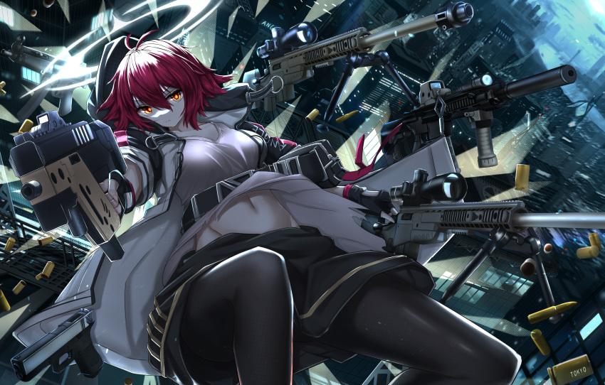 1girl absurdres arknights assault_rifle black_gloves black_legwear black_skirt bolt_action breasts bullet cityscape closed_mouth commentary english_commentary exusiai_(arknights) falling feet_out_of_frame fingerless_gloves glock_18c gloves grey_shirt groin gun h&amp;k_hk416 halo handgun highres holding holding_gun holding_weapon hood hooded_jacket jacket kriss_vector looking_at_viewer machine_pistol medium_breasts midriff navel night open_clothes open_jacket pantyhose pistol pouch red_eyes red_hair rifle scope serious shell_casing shirt short_hair skirt sniper_rifle solo submachine_gun tokyo_(1421) weapon white_jacket