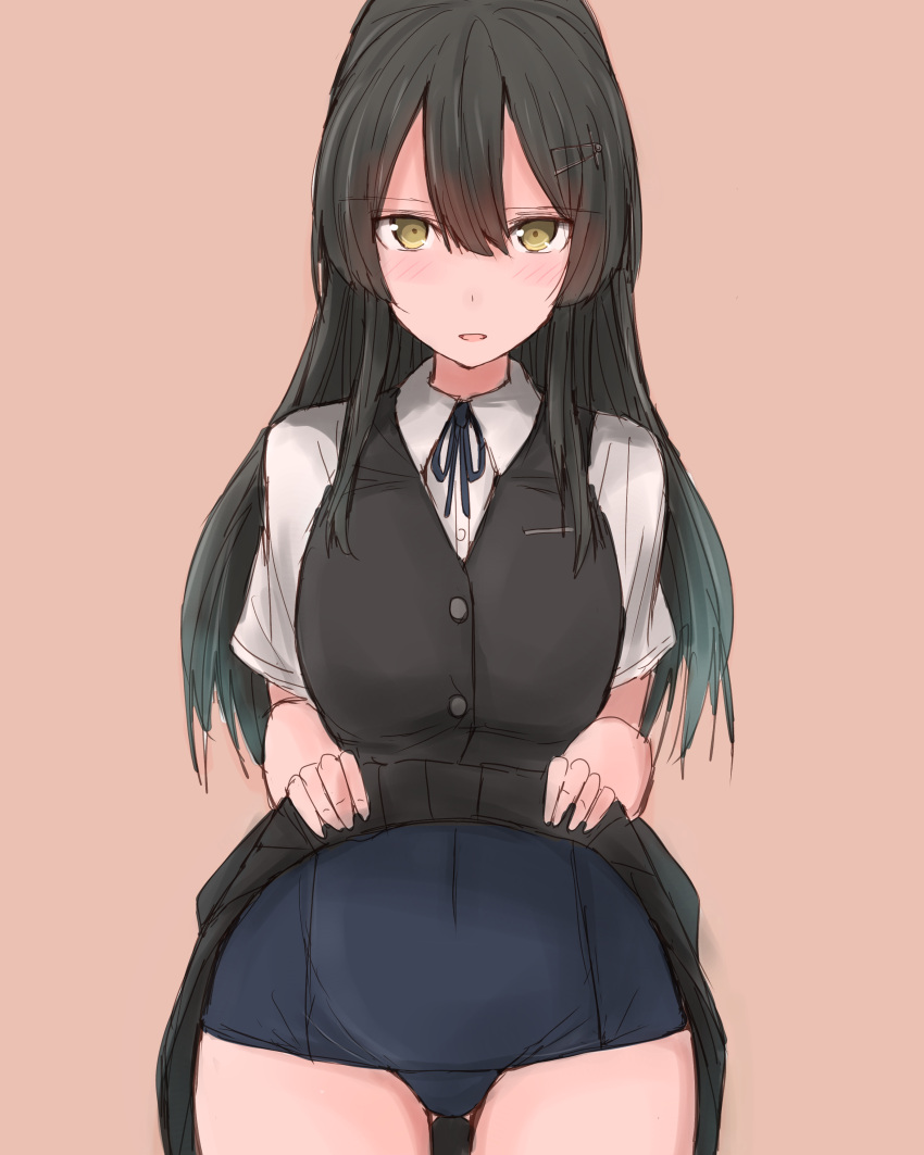1girl absurdres aqua_swimsuit ass_visible_through_thighs black_hair black_skirt black_vest blue_ribbon blue_swimsuit blush brown_background clothes_lift cowboy_shot dress_shirt eyebrows_visible_through_hair green_eyes hair_between_eyes hair_ornament hairclip highres kamaboko_senshi kantai_collection lifted_by_self long_hair looking_at_viewer neck_ribbon one-piece_swimsuit open_mouth oyashio_(kancolle) pleated_skirt ribbon school_swimsuit shirt simple_background skirt skirt_lift solo swimsuit swimsuit_under_clothes vest white_shirt wide_hips
