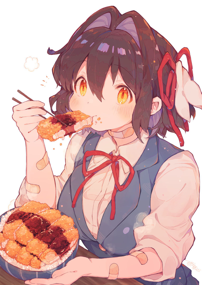 1girl absurdres amakawa_tamawo ano_hito_no_i_ni_wa_boku_ga_tarinai bandaid bandaid_on_arm bandaid_on_neck bowl breasts brown_eyes brown_hair chopsticks collared_shirt commentary_request eating eyebrows_visible_through_hair food food_on_face hair_between_eyes hair_ears hair_intakes hair_ribbon hand_up highres holding holding_chopsticks katsudon_(food) medium_breasts medium_hair mitsuhara_sachi multiple_sources neck_ribbon notice_lines red_ribbon ribbon shirt simple_background sleeves_pushed_up slit_pupils solo table upper_body vest white_background white_shirt