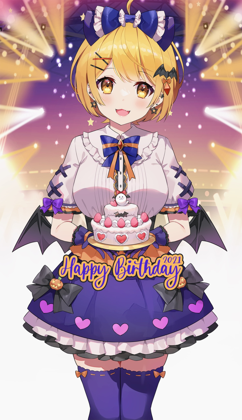 1girl 2021 ahoge ayamy bat_hair_ornament bat_wings birthday_cake blonde_hair blue_bow blue_bowtie bow bowtie breasts cake commentary_request earrings food frilled_skirt frills gloves hair_bow hair_ornament hairclip happy_birthday heart highres holding holding_cake holding_food hololive jack-o'-lantern jewelry large_breasts looking_at_viewer low_wings open_mouth orange_bow purple_gloves purple_legwear purple_skirt shirt short_hair short_sleeves skirt smile solo standing star_(symbol) star_earrings thighhighs virtual_youtuber white_shirt wings x_hair_ornament yellow_eyes yozora_mel zettai_ryouiki