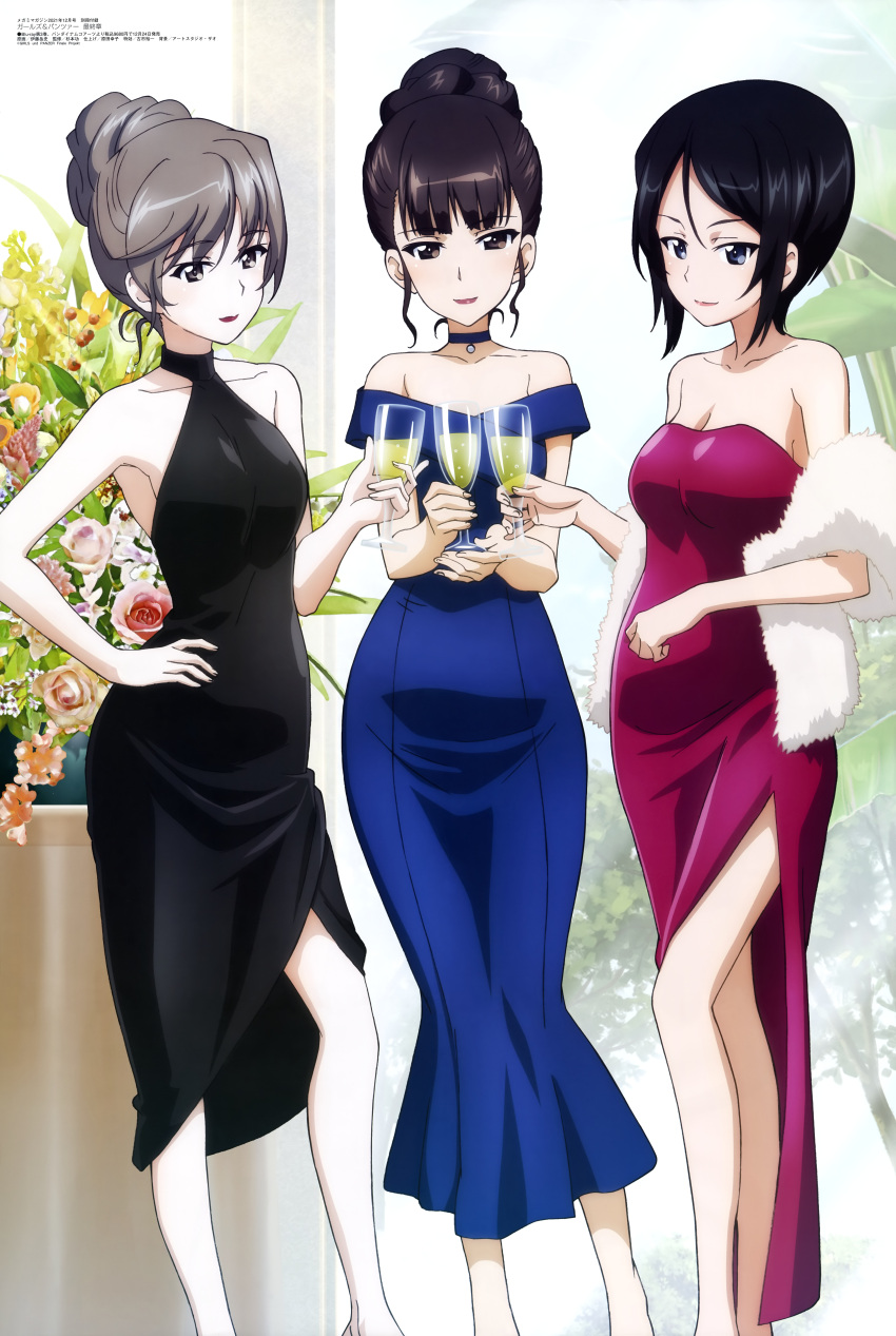 3girls absurdres alcohol bangs bare_shoulders black_dress black_eyes black_hair blue_dress breasts brown_eyes brown_hair champagne champagne_flute choker chouno_ami cleavage collarbone cup dress drinking_glass eyebrows_visible_through_hair flower formal girls_und_panzer hair_bun hair_up halterneck hand_on_hip highres itou_takeshi large_breasts lipstick magazine_scan makeup mature_female medium_breasts medium_hair megami_magazine multiple_girls nishizumi_shiho official_art pink_dress scan shawl shimada_chiyo shiny shiny_hair short_hair sidelocks smile strapless strapless_dress toast_(gesture)