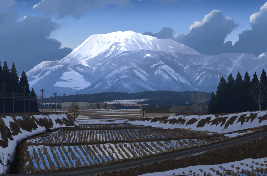 absurdres bare_tree cloud cloudy_sky commentary_request farm forest highres house landscape mountain nature no_humans original partial_commentary rice_paddy road rural scenery signature sky snow snow_mountain tateyuki tree utility_pole winter