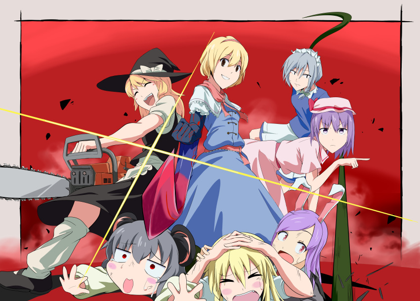 6+girls aasamu absurdres alice_margatroid animal_ears apron bangs black_footwear black_headwear black_skirt black_vest blonde_hair blue_dress bois_de_justice bow bowtie brown_hair capelet chainsaw closed_eyes closed_mouth commentary_request cookie_(touhou) dies_irae dress frilled_apron frilled_neckwear frilled_sash frilled_sleeves frills full_body glint green_bow green_bowtie grey_hair grin hairband hat hat_bow highres hinase_(cookie) hisaka_(cookie) hisui_(cookie) holding holding_chainsaw izayoi_sakuya kirisame_marisa long_hair long_sleeves looking_at_viewer maid_headdress mouse_ears multiple_girls nazrin neckerchief nyon_(cookie) open_mouth pink_dress pointing_to_the_side purple_eyes purple_hair rabbit_ears red_eyes red_hairband red_neckerchief red_sash reisen_udongein_inaba remilia_scarlet sash shinza_bansho_series shirt short_hair skirt sleeveless sleeveless_dress smile socks suzu_(cookie) swept_bangs tentacle_limbs touhou uzuki_(cookie) vest white_apron white_bow white_capelet white_legwear white_shirt witch_hat
