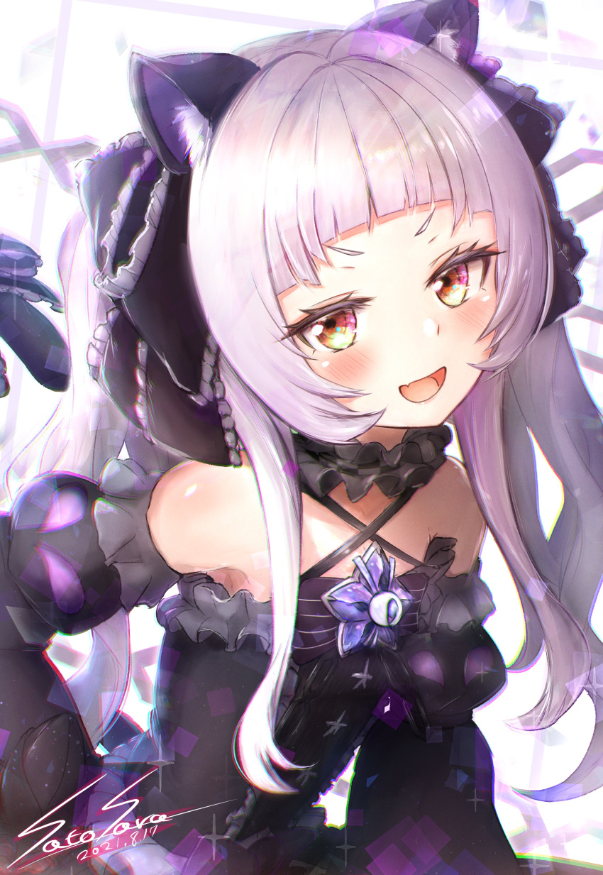 1girl :d absurdres animal_ear_fluff animal_ears bangs bare_shoulders black_dress black_sleeves blunt_bangs blush bow brooch cat_ears cat_girl cat_tail center_frills criss-cross_halter detached_sleeves doyagao dress dress_bow fang frilled_dress frilled_ribbon frills gothic_lolita hair_ribbon halter_dress halterneck highres hololive jewelry juliet_sleeves layered_dress leaning_forward lolita_fashion long_hair long_sleeves murasaki_shion open_mouth puffy_sleeves ribbon sarasuty short_eyebrows sidelocks signature silver_hair skin_fang sleeveless sleeveless_dress smile smug solo star_(symbol) tail tail_bow tail_ornament twintails upper_body v-shaped_eyebrows virtual_youtuber yellow_eyes