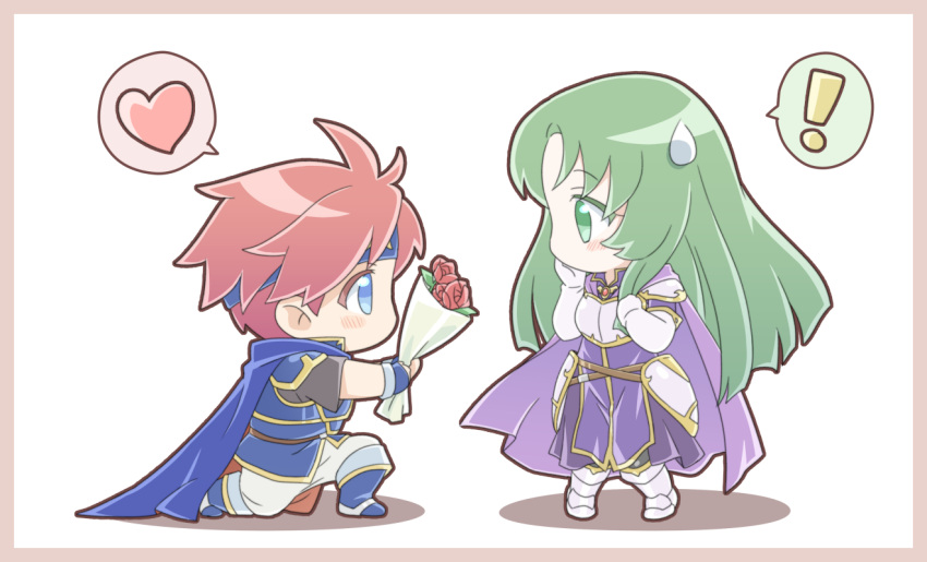 ! 1boy 1girl armor blue_cape blue_eyes blue_headband blush border bouquet cape cecilia_(fire_emblem) chibi confession fire_emblem fire_emblem:_the_binding_blade flower green_eyes green_hair ham_pon headband heart hetero kneeling long_hair looking_at_another pink_border purple_cape red_flower red_hair red_rose rose roy_(fire_emblem) speech_bubble spoken_exclamation_mark spoken_heart sweatdrop white_background