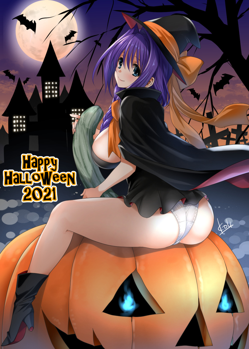 1girl 2021 ass bangs bat blue_eyes blush boots braid breasts commentary eyebrows_visible_through_hair full_moon graveyard hair_between_eyes hair_intakes hair_over_shoulder halloween halloween_costume happy_halloween hat high_heel_boots high_heels highres jack-o'-lantern kanon large_breasts long_hair looking_at_viewer mature_female minase_akiko mitarashi_kousei moon night panties purple_hair revision single_braid sitting smile solo tree underwear white_panties witch_hat