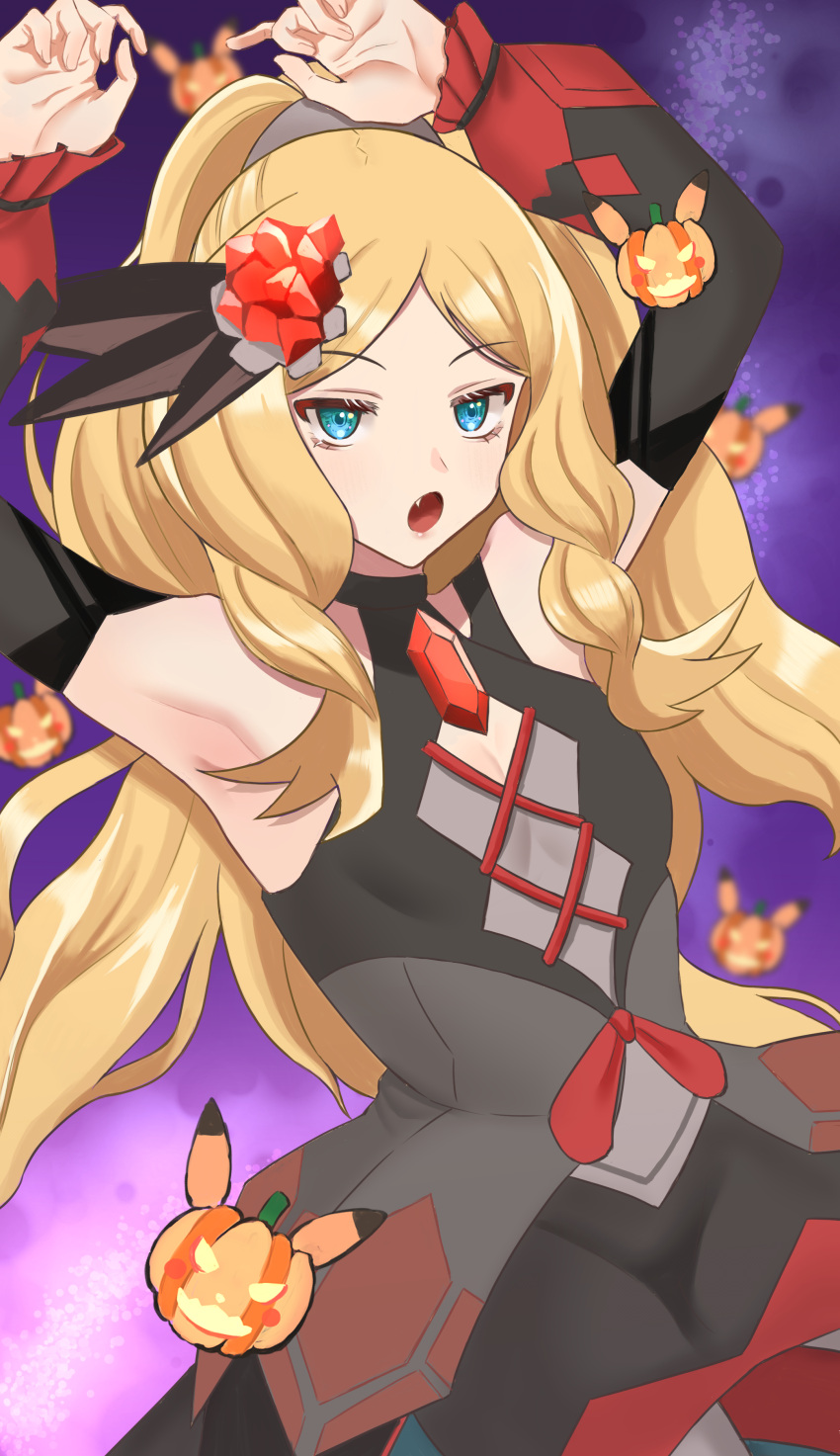 1girl absurdres armpits arms_up bangs blonde_hair blue_eyes blurry caitlin_(pokemon) commentary detached_sleeves dress eyelashes fang hair_ornament halloween highres long_hair long_sleeves official_alternate_costume okuro_zmzm open_mouth parted_bangs pokemon pokemon_(game) pokemon_masters_ex red_ribbon ribbon ruby_(gemstone) shiny shiny_hair sidelocks solo tongue