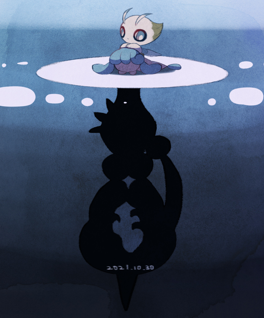 antennae blue_eyes bright_pupils celebi closed_mouth commentary_request dated hatenna hatterene highres leels looking_down no_humans pokemon pokemon_(creature) silhouette white_pupils