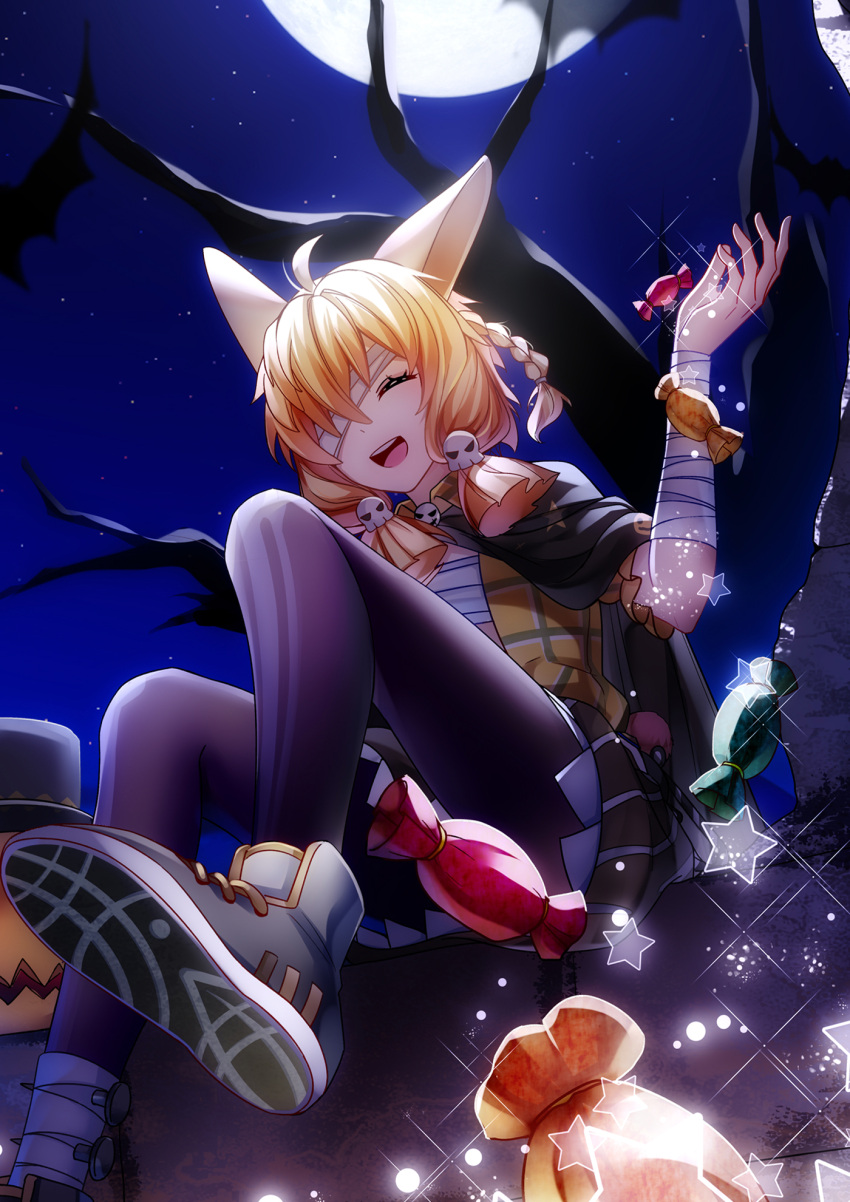 1girl :d animal_ears arknights bandages bangs black_cape black_footwear black_headwear black_legwear braid branch candy cape closed_eyes food full_moon hair_between_eyes hair_ornament halloween halloween_costume highres kroos_(arknights) kroos_(the_mag)_(arknights) medium_hair meng_xiao_jiong moon night night_sky official_alternate_costume one_eye_covered open_mouth orange_hair orange_shirt outdoors pantyhose polo_shirt pumpkin rabbit_ears rabbit_girl sarashi shirt shoe_soles shoes skull_hair_ornament sky smile sneakers solo sparkle trick_or_treat