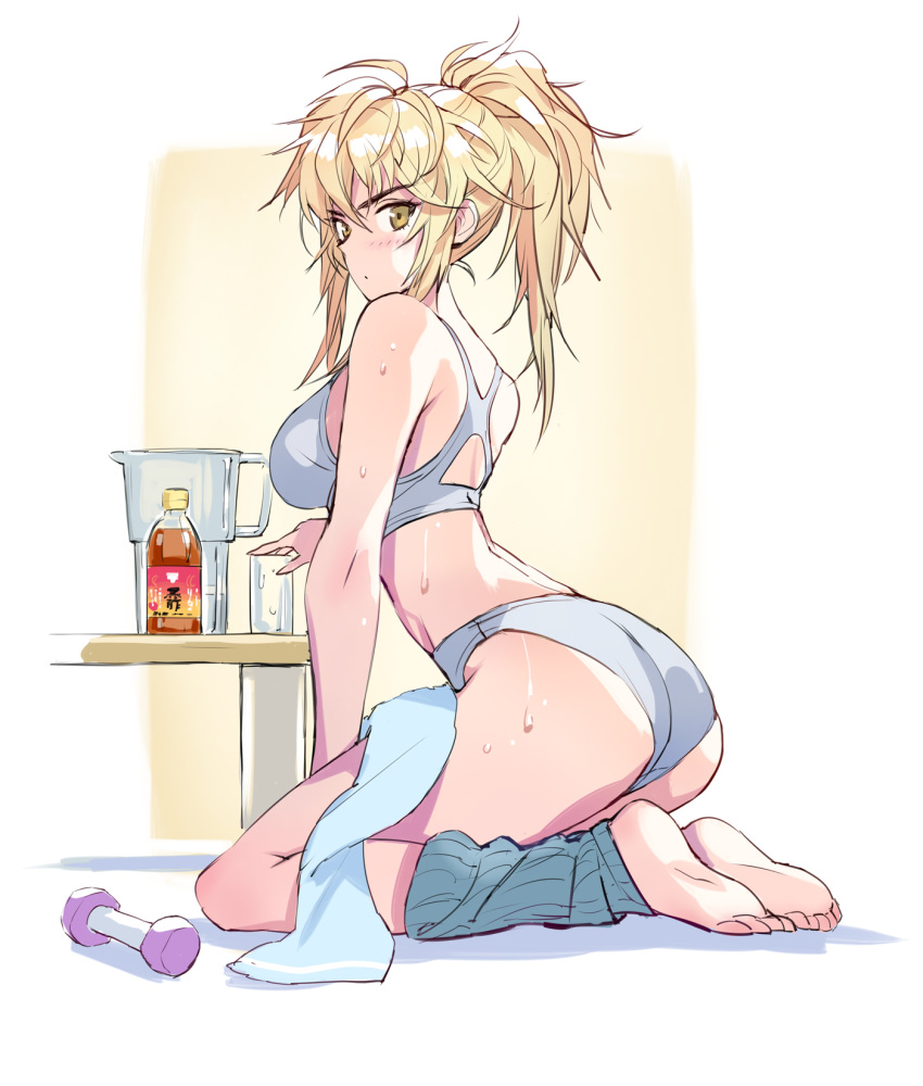 1girl ass bangs barefoot blonde_hair bottle breasts brown_eyes commentary_request crop_top cup dated drinking_glass dumbbell feet grey_panties highres large_breasts long_hair looking_at_viewer matsuda_(matsukichi) midriff original panties ponytail seiza sitting soles solo sports_bra thighs toes translation_request underwear