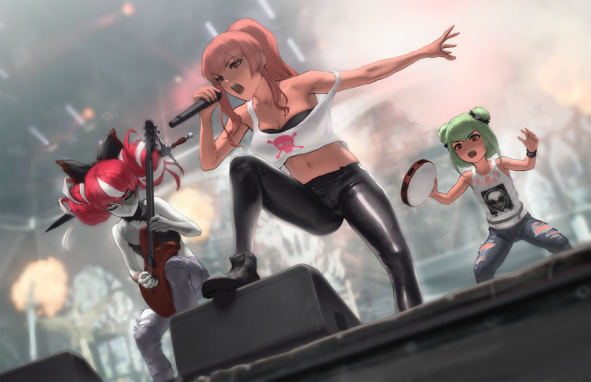 3girls bow bra breasts cleavage closed_eyes colored_skin crop_top denim double_bun dutch_angle electric_guitar flat_chest grey_skin guitar hair_bow holding holding_instrument holding_microphone hololive hololive_english hololive_indonesia infi instrument jeans kureiji_ollie large_breasts leather leather_pants microphone mori_calliope multicolored_hair multiple_girls music pants patchwork_skin pink_eyes pink_hair playing_instrument ponytail red_eyes shirt singing skull_print stage strap_slip strapless strapless_bra streaked_hair sword sword_in_head tambourine tank_top tight tight_pants torn_clothes torn_jeans torn_pants torn_shirt trait_connection two-tone_hair underwear uruha_rushia virtual_youtuber weapon white_hair white_tank_top zombie