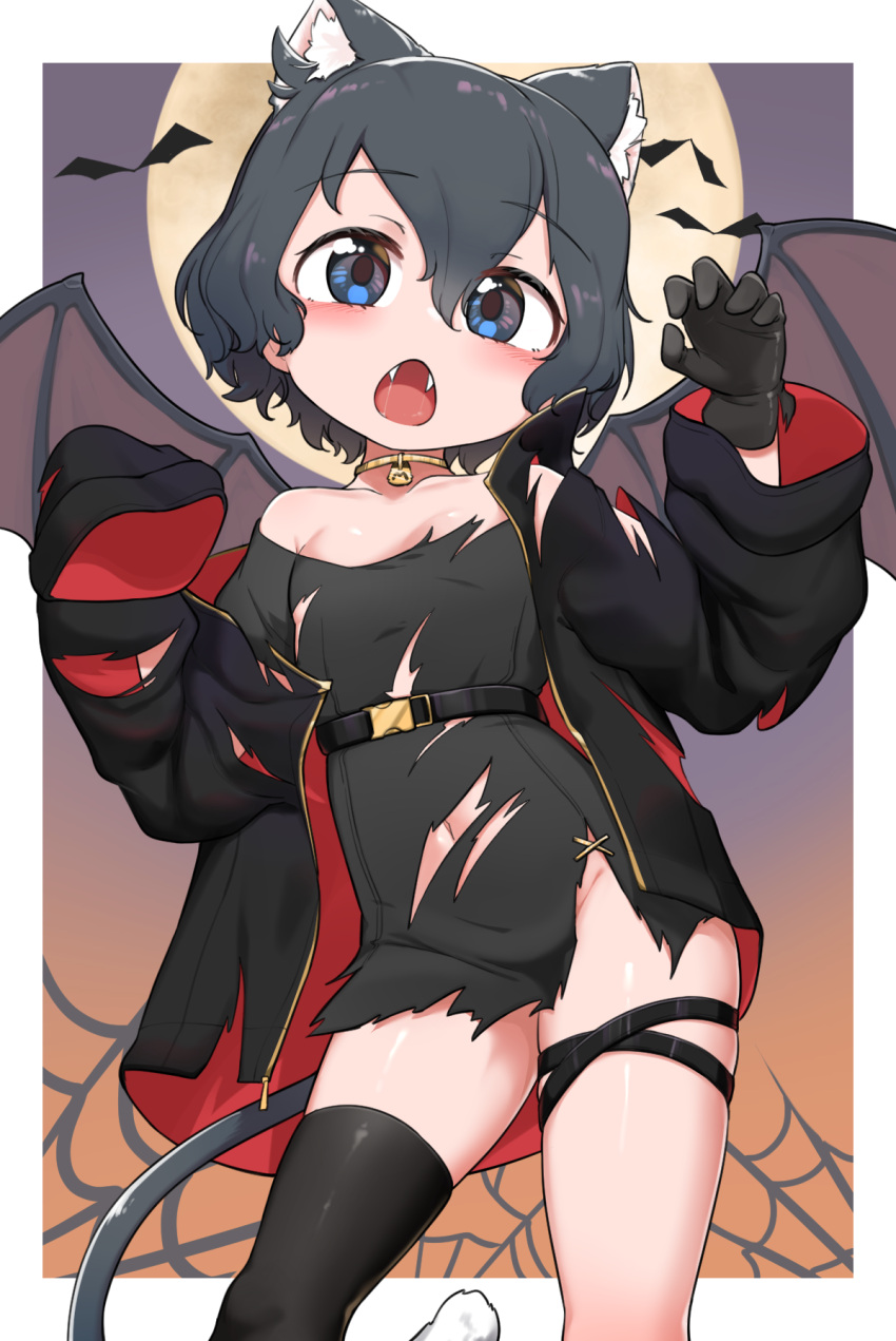 1girl animal_ears bangs bat bell belt black_belt black_dress black_gloves black_hair black_jacket black_legwear black_wings blue_eyes border cat_ears cat_tail chis_(js60216) claw_pose commentary cowboy_shot demon_wings dress eyebrows_visible_through_hair fangs full_moon gloves halloween halloween_costume highres jacket kaban_(kemono_friends) kemono_friends kemonomimi_mode long_sleeves looking_at_viewer microdress moon navel neck_bell open_clothes open_jacket open_mouth outside_border short_hair single_thighhigh skindentation sleeves_past_fingers sleeves_past_wrists solo standing tail thigh_strap thighhighs torn_clothes torn_dress torn_jacket white_border wings