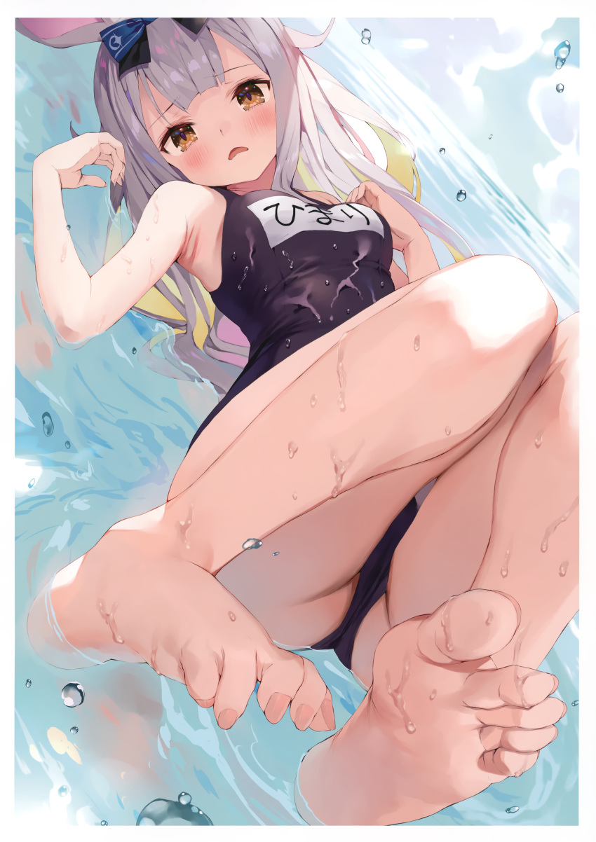 1girl absurdres animal_ears armpits ass bangs bare_arms bare_legs bare_shoulders barefoot blonde_hair blue_bow blunt_bangs blush border bow breasts brown_eyes character_name cloud cloudy_sky colored_inner_hair day dutch_angle eyebrows_visible_through_hair feet foot_focus foreshortening gaou_(umaiyo_puyoman) hair_bow hair_ornament hand_up head_tilt highres in_water legs legs_folded long_hair looking_at_viewer lying mochizuki_himari multicolored_hair name_tag on_back one-piece_swimsuit open_mouth outdoors partially_submerged rabbit_ears scan school_swimsuit shiny shiny_hair silver_hair sky small_breasts soles solo spread_toes swimsuit thighs toe_scrunch toenails toes uni_create virtual_youtuber water water_drop wet wet_clothes wet_swimsuit white_border