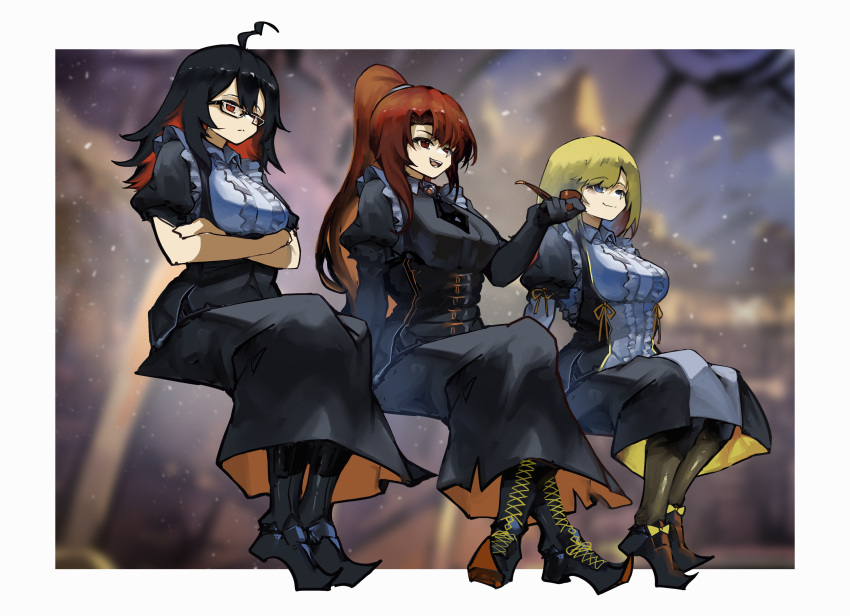 3girls absurdres ahoge alternate_costume arm_support black_dress black_hair black_jacket black_legwear black_skirt blonde_hair blue_eyes blurry boots border breasts brown_eyes brown_hair castle closed_mouth colored_inner_hair cross-laced_footwear crossed_arms crossed_legs depth_of_field dress enma-chan floating frilled_shirt frills glasses halloween halloween_costume high_ponytail highres holding holding_pipe hololive hololive_english invisible_chair j-chad jacket jenma-chan long_hair medium_breasts multicolored_hair multiple_girls night night_sky open_clothes open_jacket open_mouth outdoors pantyhose pipe shirt sitting skirt sky very_long_hair vyragami white_border
