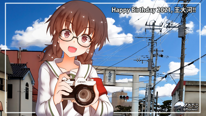 1girl :d aquaegg artist_name bangs black-framed_eyewear black_neckerchief blouse brown_eyes brown_hair building camera character_name commentary english_text eyebrows_visible_through_hair girls_und_panzer glasses happy_birthday highres holding holding_camera long_sleeves looking_at_viewer low_twintails medium_hair neckerchief ooarai_school_uniform open_mouth ou_taiga outline power_lines sailor_collar school_uniform semi-rimless_eyewear serafuku signature smile solo torii traffic_light translated twintails twitter_username under-rim_eyewear utility_pole white_blouse white_outline white_sailor_collar