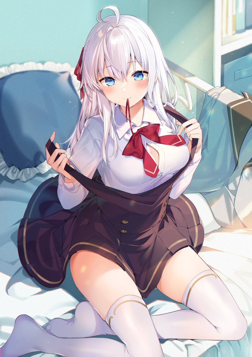 1girl absurdres ahoge alisa_nikolaevna_kujou bangs bed black_dress blue_eyes blush book breasts buttons cleavage collared_shirt commentary_request double-breasted dress eyebrows_visible_through_hair highres long_hair long_sleeves looking_at_viewer medium_breasts mishima_kurone mouth_hold pillow red_eyes second-party_source shirt sitting solo thighhighs tokidoki_bosotto_roshia-go_de_dereru_tonari_no_arya-san white_hair white_legwear white_shirt