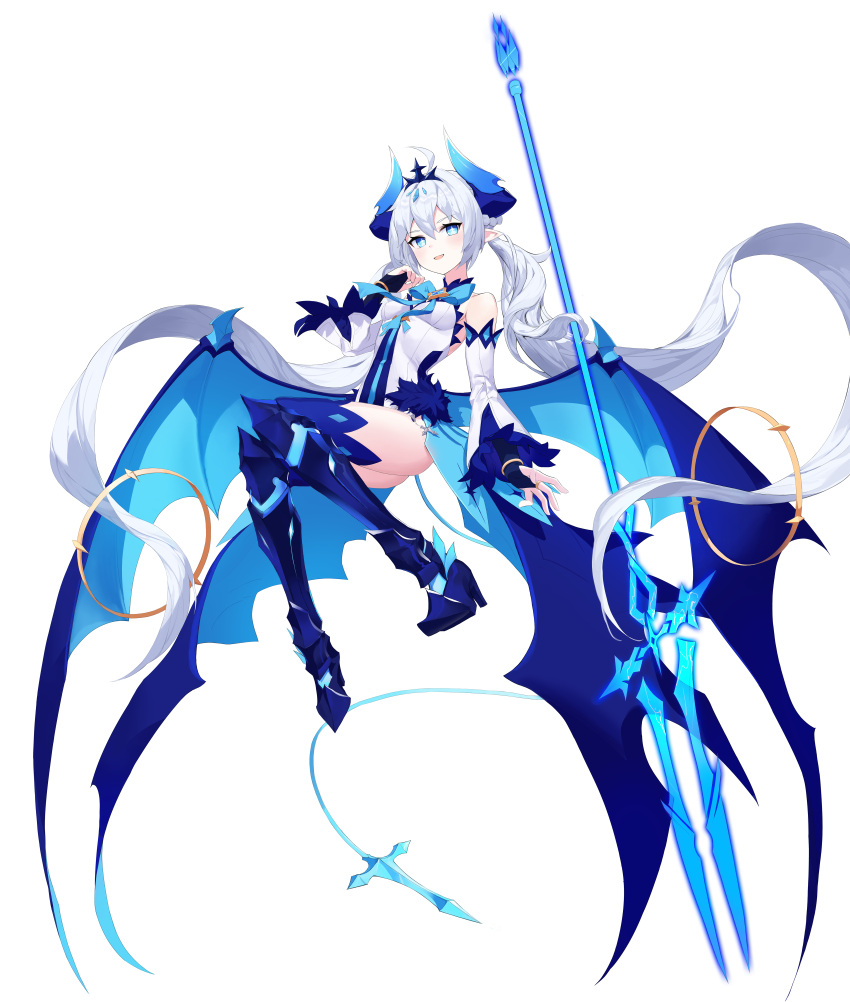 +_+ 1girl absurdly_long_hair absurdres armored_boots ass bare_shoulders blue_eyes blue_footwear blue_legwear boots bow bowtie breasts brooch demon_girl demon_horns demon_tail demon_wings detached_sleeves elsword hand_up high_heel_boots high_heels highres horns jewelry knee_boots leotard long_hair long_sleeves looking_at_viewer low_wings luciela_r._sourcream noblesse_(elsword) nyun open_mouth pointy_ears polearm sidelocks simple_background small_breasts smile solo spear symbol-shaped_pupils tail thighhighs thighs very_long_hair waist_cape weapon white_background white_hair white_leotard wide_sleeves wings