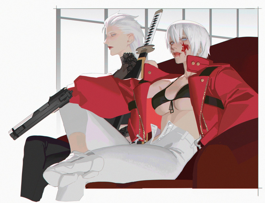 2girls bikini bikini_top black_bikini blood blood_on_face blue_eyes commentary_request dante_(devil_may_cry) devil_may_cry_(series) front-tie_bikini front-tie_top genderswap genderswap_(mtf) gun handgun highres jacket licking_lips looking_at_viewer multiple_girls open_clothes open_jacket pale_skin pistol red_jacket short_hair siblings simple_background sitting swimsuit sword tongue tongue_out vergil_(devil_may_cry) weapon white_hair yaoyao794