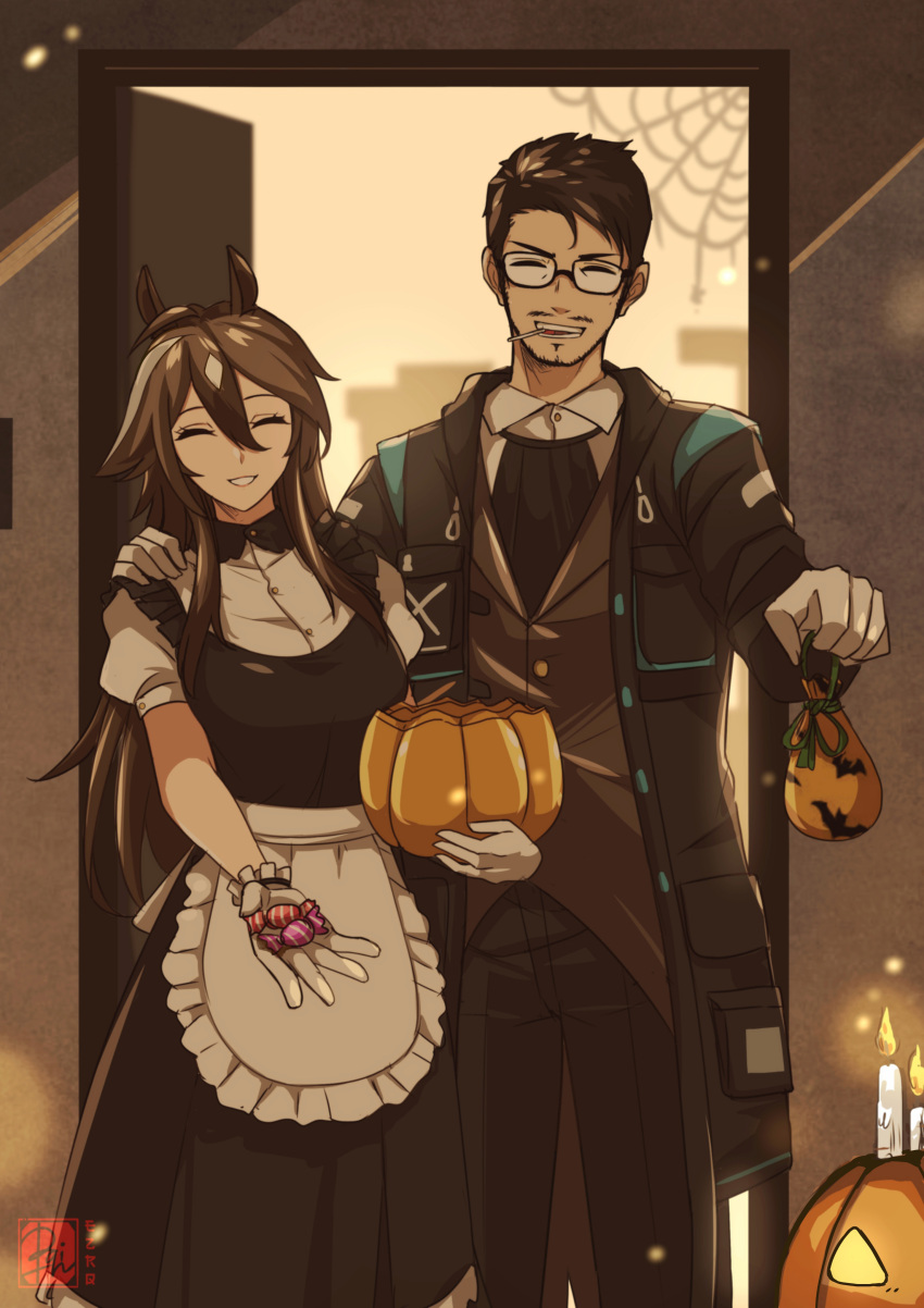 1boy 1girl absurdres alternate_costume animal_ears arknights black_jacket black_pants brown_hair candle candy commentary doctor_(arknights) english_commentary ezraqi food glasses gloves hair_between_eyes halloween halloween_bucket highres holding holding_candy holding_food horse_ears jack-o'-lantern jacket long_hair maid male_doctor_(arknights) meteor_(arknights) pants short_hair signature smile standing white_gloves