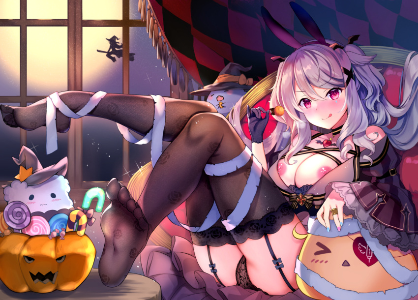 1girl :q animal_ears ass bangs bare_shoulders black_gloves black_legwear black_panties blush breasts candy choker fake_animal_ears feet food frilled_sleeves frills garter_straps gloves hair_ornament halloween hat heart_pendant jack-o'-lantern jewelry knees_together_feet_apart lace lace_panties large_breasts legs_up licking_lips lollipop long_hair long_sleeves looking_at_viewer nail_polish naughty_face nipple_slip nipples no_shoes off_shoulder original panties pumpkin rabbit_ears red_eyes rei_(rei's_room) ring silver_hair single_glove sitting smile solo thighhighs tongue tongue_out two_side_up underwear wide_sleeves witch_hat x_hair_ornament