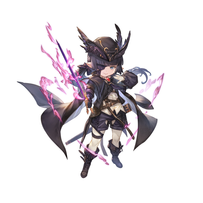 1girl bangs black_footwear black_gloves black_hair blue_eyes blunt_bangs boots coat energy eyepatch gloves granblue_fantasy harvin hat hat_feather holding holding_sword holding_weapon jewelry long_hair lunalu_(granblue_fantasy) official_art pendant pointy_ears sheath smile sword transparent_background weapon white_gloves white_legwear