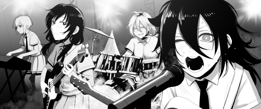 4girls absurdres bags_under_eyes band bangs closed_mouth collared_shirt commentary_request commission cymbals drum drum_set electric_guitar freckles greyscale grin guitar highres holding holding_instrument instrument keyboard_(instrument) koma_neko kuroki_tomoko long_hair looking_at_viewer low_twintails microphone monochrome multiple_girls music necktie one_eye_closed playing_instrument pleated_skirt school_uniform shirt short_hair short_sleeves singing sitting skeb_commission skirt smile stage stage_lights standing sweat tamura_yuri tanaka_mako teeth twintails watashi_ga_motenai_no_wa_dou_kangaetemo_omaera_ga_warui! yoshida_masaki