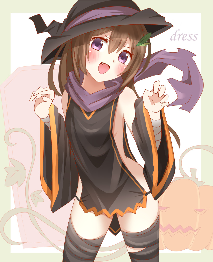 1girl :d absurdres bandaged_arm bandaged_leg bandages bangs black_dress black_headwear black_sleeves blush brown_hair commentary_request detached_sleeves dress eyebrows_visible_through_hair fang green_background hair_between_eyes hair_ornament hat head_tilt highres jack-o'-lantern leaf_hair_ornament long_hair long_sleeves looking_at_viewer non_(wednesday-classic) original purple_eyes purple_scarf scarf sleeveless sleeveless_dress smile solo torn_scarf two-tone_background very_long_hair white_background wide_sleeves witch_hat