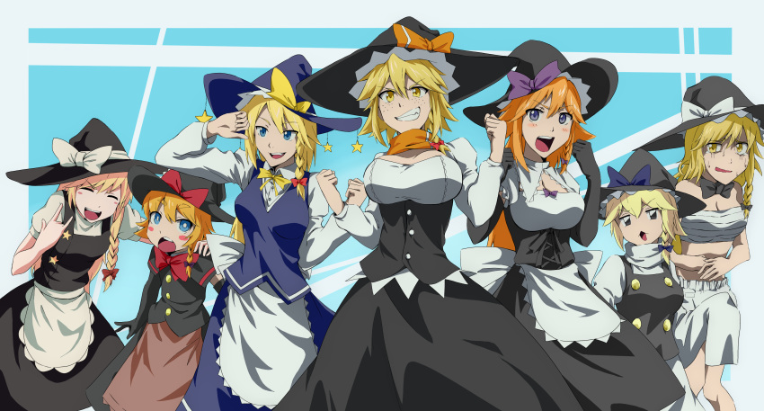 6+girls aasamu absurdres akane_(cookie) apron bangs black_bow black_bowtie black_capelet black_eyes black_gloves black_headwear black_skirt black_vest blonde_hair bloomers blue_bow blue_eyes blue_headwear blue_skirt blush bow bowtie braid breasts bright_pupils buttons capelet cleavage_cutout clothing_cutout commentary_request cookie_(touhou) elbow_gloves eyebrows_visible_through_hair feet_out_of_frame flat_chest frilled_apron frills gloves hair_between_eyes hair_bow hands_on_own_stomach hat hat_bow highres kirisame_marisa kohaku_(cookie) large_breasts long_hair looking_at_viewer medium_breasts medium_hair meguru_(cookie) mikami_makoto multiple_girls open_mouth orange_bow orange_scarf puffy_short_sleeves puffy_sleeves purple_eyes red_bow red_bowtie ruka_(cookie) sarashi scarf shirt short_hair short_sleeves side_braid single_braid skirt sleeves_past_fingers sleeves_past_wrists small_breasts smile star_(symbol) suzu_(cookie) touhou underwear underwear_only vest waist_apron white_apron white_bow white_pupils white_shirt witch_hat yellow_bow yellow_bowtie yellow_eyes yuuhi_(cookie)