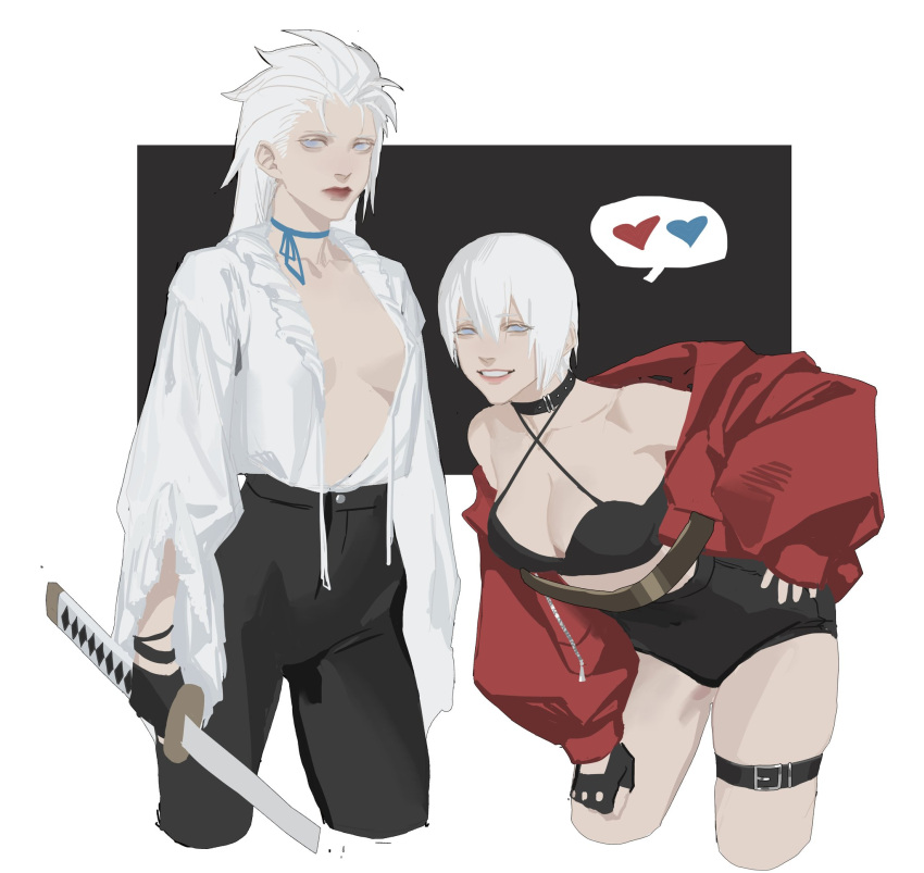 2girls bent_over blue_eyes choker commentary_request dante_(devil_may_cry) devil_may_cry_(series) fingerless_gloves genderswap genderswap_(mtf) gloves highres jacket leg_garter looking_at_viewer multiple_girls open_clothes pale_skin red_jacket short_hair siblings simple_background smile sword vergil_(devil_may_cry) weapon white_hair yaoyao794