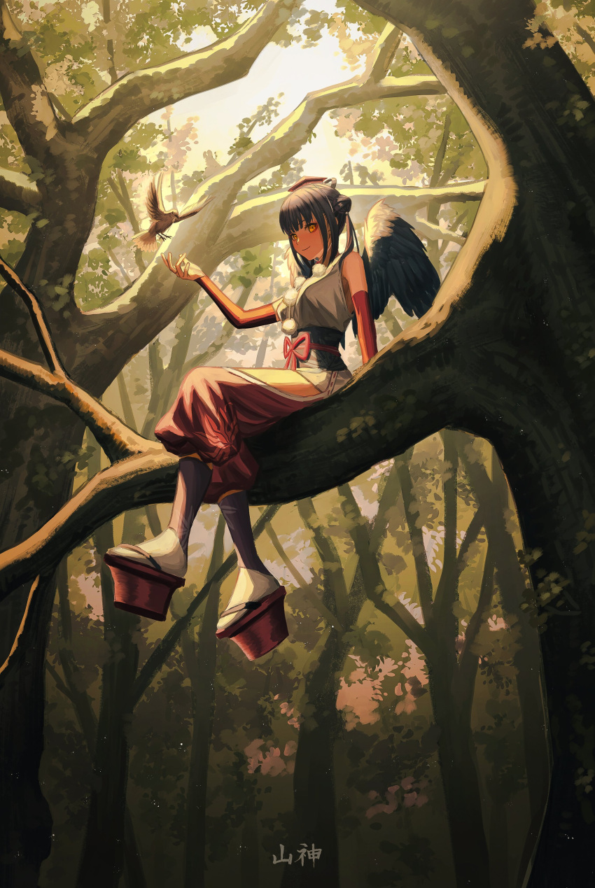1girl absurdres bangs bird black_hair blunt_bangs ccakira000 commentary detached_sleeves double_bun eyeshadow feathered_wings forest hand_up hat highres in_tree looking_at_viewer makeup medium_hair nature nijisanji obi okobo outdoors pom_pom_(clothes) red_eyeshadow sash sitting sitting_in_tree sitting_on_branch smile solo tokin_hat tree two_side_up virtual_youtuber wings yamagami_karuta yellow_eyes