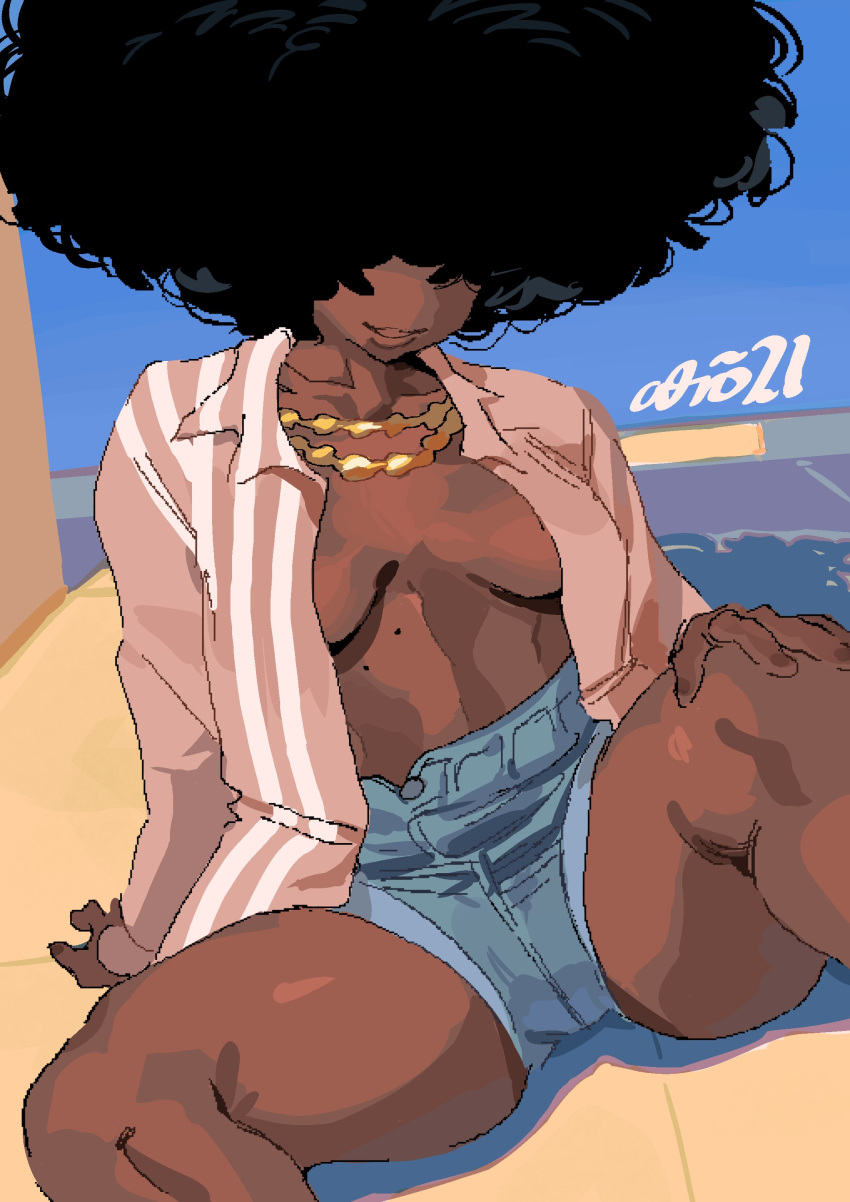 1girl absurdres afro artist_name black_hair blue_shorts breasts breasts_apart dark-skinned_female dark_skin feet_out_of_frame hair_over_eyes highres jewelry medium_breasts necklace original parted_lips pink_shirt shadow shirt shorts smile solo viv_(whoopsatro) whoopsatro