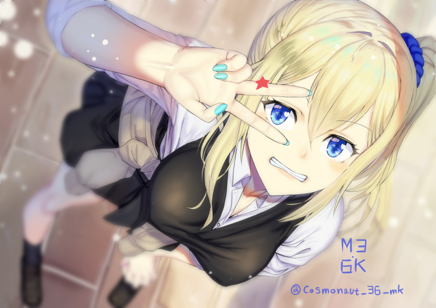 1girl aqua_nails artist_name blonde_hair blue_eyes blurry breasts brick_road cardigan cardigan_around_waist clothes_around_waist depth_of_field dutch_angle eyelashes fingernails from_above grin gyaru hand_on_own_knee hayasaka_ai kaguya-sama_wa_kokurasetai_~tensai-tachi_no_renai_zunousen~ lips long_hair looking_at_viewer medium_breasts nail_polish school_uniform scrunchie side_ponytail sidelocks signature sleeves_rolled_up smile solo soramiruku star_(symbol) taut_clothes taut_vest twitter_username