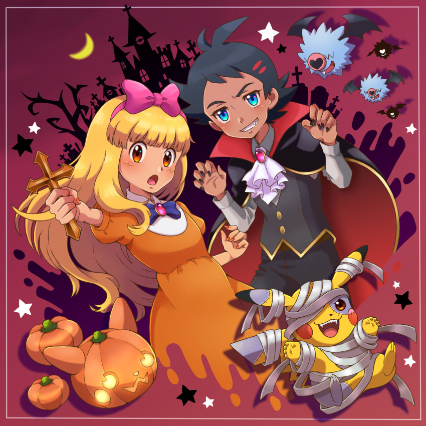 2boys :o ashley_(pokemon) bangs black_hair black_nails blonde_hair blue_eyes blush bow_hairband brown_eyes buttons commentary_request crescent_moon cross crossdressing cyaneko dress framed goh_(pokemon) grey_shirt grin hairband hands_up highres holding holding_cross jabot long_hair male_focus moon multiple_boys nail_polish open_mouth orange_dress orange_nails otoko_no_ko pants pikachu pink_hairband pokemon pokemon_(anime) pokemon_(classic_anime) pokemon_(creature) pokemon_swsh_(anime) shirt short_hair smile star_(symbol) teeth tongue vest woobat