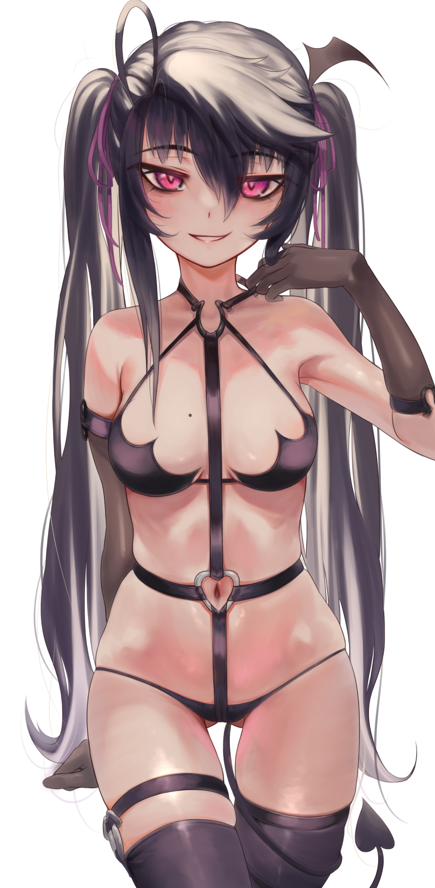 1girl absurdres ahoge ass_visible_through_thighs asymmetrical_gloves bangs black_gloves black_hair black_legwear blush breasts commentary cowboy_shot demon_tail elbow_gloves eyebrows_visible_through_hair eyes_visible_through_hair gloves hair_between_eyes hair_ribbon harness highres long_hair looking_at_viewer medium_breasts mole mole_on_breast navel original parted_lips priite_hari_(torriet) purple_eyes purple_ribbon revealing_clothes ribbon sidelocks simple_background single_elbow_glove smile solo standing stomach tail tail_around_leg thigh_strap thighhighs torriet twintails uneven_gloves very_long_hair white_background