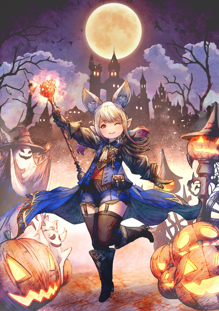 1girl 1other animal_ears avatar_(ffxiv) black_gloves black_hair blue_mage building extra_ears fake_animal_ears final_fantasy final_fantasy_xiv fox_ears full_moon garter_straps ghost_costume gloves gradient_hair hat highres holding holding_staff lalafell long_hair moon multicolored_hair night one_eye_closed pointy_ears red_eyes shorts shukei smile staff thighhighs white_hair witch_hat