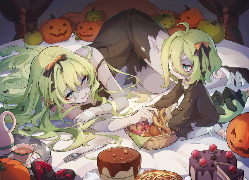 2girls :d absurdres bandages bangs basket bed bed_sheet black_dress black_nails bow bread cake cake_slice candy chibi closed_mouth commentary cosplay cup doughnut dress eyepatch food fork frankenstein's_monster frankenstein's_monster_(cosplay) full_body green_eyes green_hair hair_between_eyes hair_bow halloween_costume highres holding holding_food honkai_(series) honkai_impact_3rd klein_(honkai_impact) long_hair long_sleeves lying medium_hair mobius_(honkai_impact) multiple_girls nasubi_(1ra1ri1ko2cho1mi2na) on_side open_mouth pie pumpkin sitting sleeveless sleeveless_dress smile tea teacup teapot tray wariza wavy_hair zombie