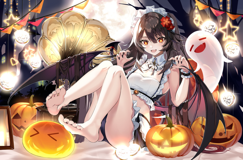 &gt;_&lt; 1girl :d alternate_costume apron arms_up augu_(523764197) bangs bare_shoulders barefoot bat_wings black_nails black_panties black_skirt breasts brown_hair claw_pose decorations enmaided fang feet fingernails flower flower-shaped_pupils frills full_body full_moon genshin_impact ghost hair_flower hair_ornament halloween halloween_costume highres hu_tao_(genshin_impact) jack-o'-lantern long_hair looking_at_viewer maid maid_apron maid_headdress md5_mismatch medium_breasts midriff moon moonlight nail_polish open_mouth orange_eyes panties phonograph red_flower resolution_mismatch shirt sitting skin_fang skirt slime_(genshin_impact) smile source_larger star_(symbol) symbol-shaped_pupils thighs underwear waist_apron white_apron white_shirt wings wrist_cuffs