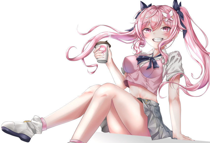 1girl bare_legs bow breasts byeoljagga crop_top crop_top_overhang cup disposable_cup grey_skirt grin hair_bow highres holding indie_virtual_youtuber long_hair looking_at_viewer medium_breasts midriff miniskirt pink_eyes pink_hair pink_shirt pleated_skirt ronarona shirt shoes short_sleeves sidelocks simple_background skirt smile socks solo thighs twintails undershirt virtual_youtuber white_background white_shirt