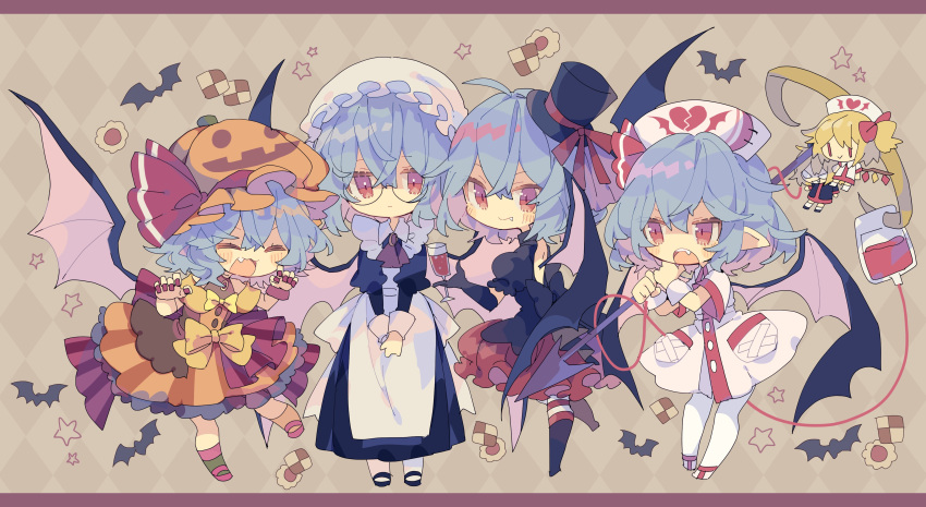 4girls absurdres apron argyle argyle_background ascot asymmetrical_legwear bandaid bangs bat bat_wings black_footwear black_headwear blood bow broken_heart brown_background candy chibi closed_eyes closed_mouth cup dress fang fang_out flandre_scarlet food full_body glasses hair_ornament halloween_costume hat highres holding holding_cup holding_polearm holding_weapon jack-o'-lantern jack-o'-lantern_hair_ornament light_blue_hair maid mismatched_legwear mob_cap multiple_girls nikorashi-ka nurse nurse_cap open_mouth orange_dress own_hands_together pointy_ears polearm red_ascot red_eyes red_footwear red_nails red_skirt remilia_scarlet short_hair skirt spear_the_gungnir standing star_(symbol) thighhighs top_hat touhou touhou_lost_word weapon white_apron white_headwear white_legwear wings yellow_bow