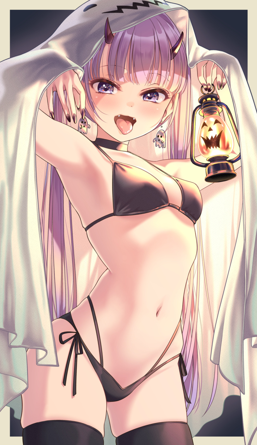 1girl armpits bangs bikini black_bikini black_nails blunt_bangs breasts eyebrows_visible_through_hair fangs fingernails ghost_earrings ghost_pose halloween highres holding holding_lantern horns lantern long_hair looking_at_viewer navel new_game! purple_eyes purple_hair side-tie_bikini skindentation small_breasts solo suzukaze_aoba swimsuit symbol-only_commentary thighhighs tokunou_shoutarou tongue tongue_out twintails very_long_hair