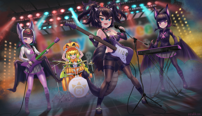 4girls absurdres alternate_design animal_ears aqua_eyes armband arms_up artist_name ascot band bangs bare_shoulders bat_ears bat_girl bat_wings big_hair black_hair blonde_hair bone_necklace center_frills cerberus_(kemono_friends) closed_mouth collar commentary common_vampire_bat_(kemono_friends) concert cutoffs drum drum_set drumsticks dual_persona dutch_angle elbow_gloves english_commentary extra_ears eyebrows_visible_through_hair fang fang_out fingerless_gloves frills full_body gloves glowing glowing_hair grin guitar halloween hand_up head_wings highres holding holding_drumsticks holding_microphone instrument jack-o'-lantern_(kemono_friends) japari_symbol kemono_friends keyboard_(instrument) legwear_under_shorts long_hair long_sleeves looking_at_viewer medium_hair microphone microphone_stand miniskirt multicolored_hair multiple_girls music neukkom open_mouth pantyhose parted_bangs pumpkin_hat purple_eyes purple_hair scar scar_across_eye scar_on_face shirt shorts sidelocks singing skirt smile smoke spiked_collar spikes stage standing stomach strapless tail tube_top very_long_hair wings