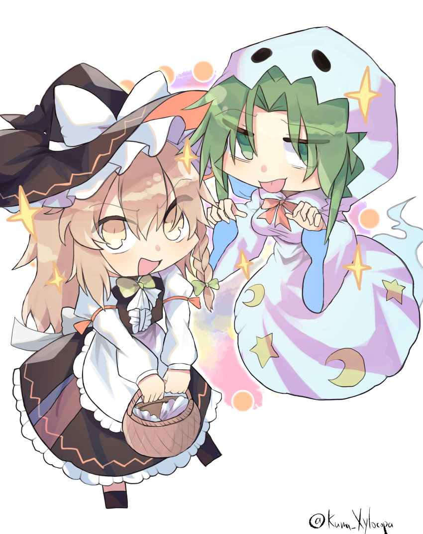 2girls absurdres apron back_bow black_dress black_footwear blonde_hair bow braid chibi commentary crescent dress frilled_dress frilled_hat frills ghost_costume ghost_pose ghost_tail green_eyes green_hair hair_bow halloween halloween_costume hat hat_bow highres juliet_sleeves kirisame_marisa kuma_xylocopa long_hair long_sleeves mima_(touhou) multiple_girls open_mouth puffy_sleeves single_braid star_(symbol) touhou touhou_(pc-98) waist_apron white_bow witch_hat yellow_eyes